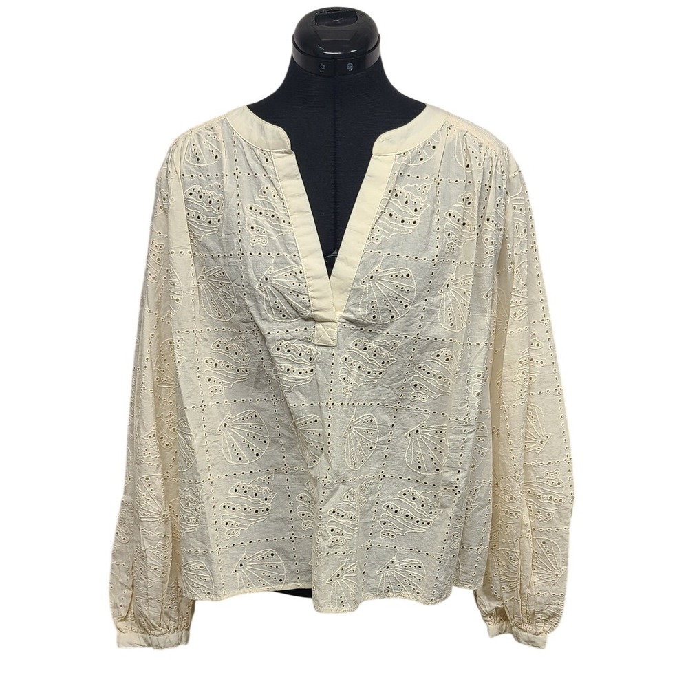 Universal Thread Women Off White Shell Eyelet V-Neck Balloon Sleeve Blouse M NEW